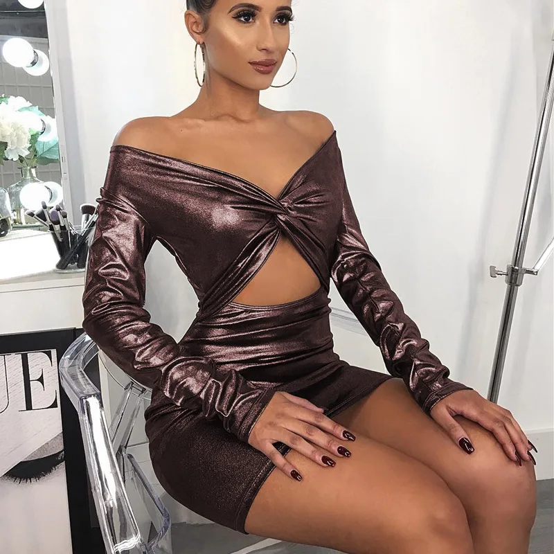 

Summer Women's Long Sleeve Hollow Out Patchwork Mini Dresses Sparkly Holographic Laser Sexy Bodycon Dress Night Club Party