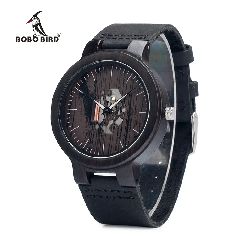 

BOBO BIRD Black Wood Men's Watches Leather Band Wooden Wristwatches Vintage Gifts Watch Relogio Masculino C-H30 DROP SHIPPING