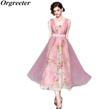 

Sweet Pink princess dress 2018 Summer women Chiffon Print long party Dress female Two pieces Spaghetti Strap dresses Lace Sashes