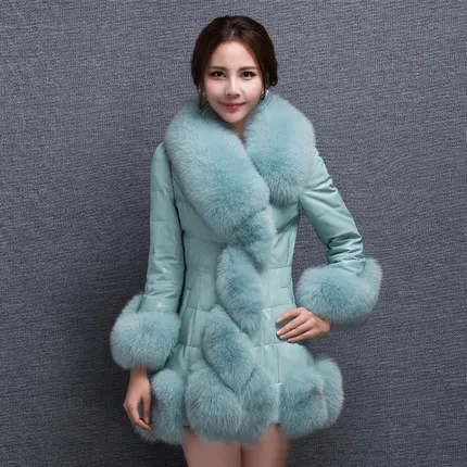

2019 PU patchwork medium-long faux fox fur coat thickening overcoat women's clothing Plus size