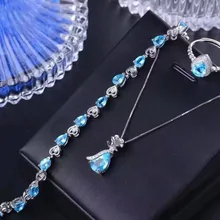 Природный Голубой топаз драгоценный камень комплект ювелирного изделия с натуральным камнем драгоценный камень кольцо кулон браслет 925 серебро Стильный элегантный падение женщин вечерние ювелирные изделия