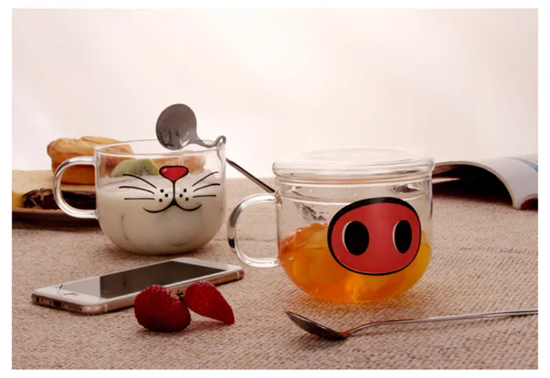 Hot sales 500ml Transparent Kawaii Glass Cup Cute Mug Cat Beard Pattern Beer Glass Funny Glass Tea Milk Water Cup Coffee Mug18