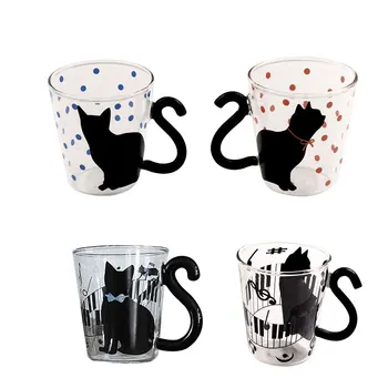 

Promotions Cute Creative Cat Kitty Glass Mug Cup Tea Cup Milk Coffee Cup Music/Dots/English Words Home Office Cup