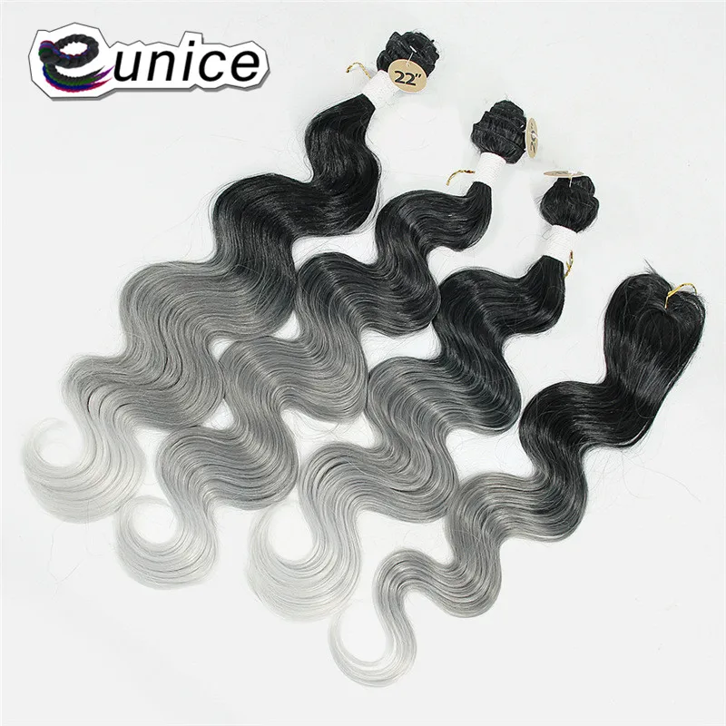 Feixes de Cabelo com Fechamento Onda do Corpo Sew na Trama do Cabelo Honey Blonde Ombre Sintético Eunice Pacotes Tecer Cabelo T1b Grey 4 Peças – Lote