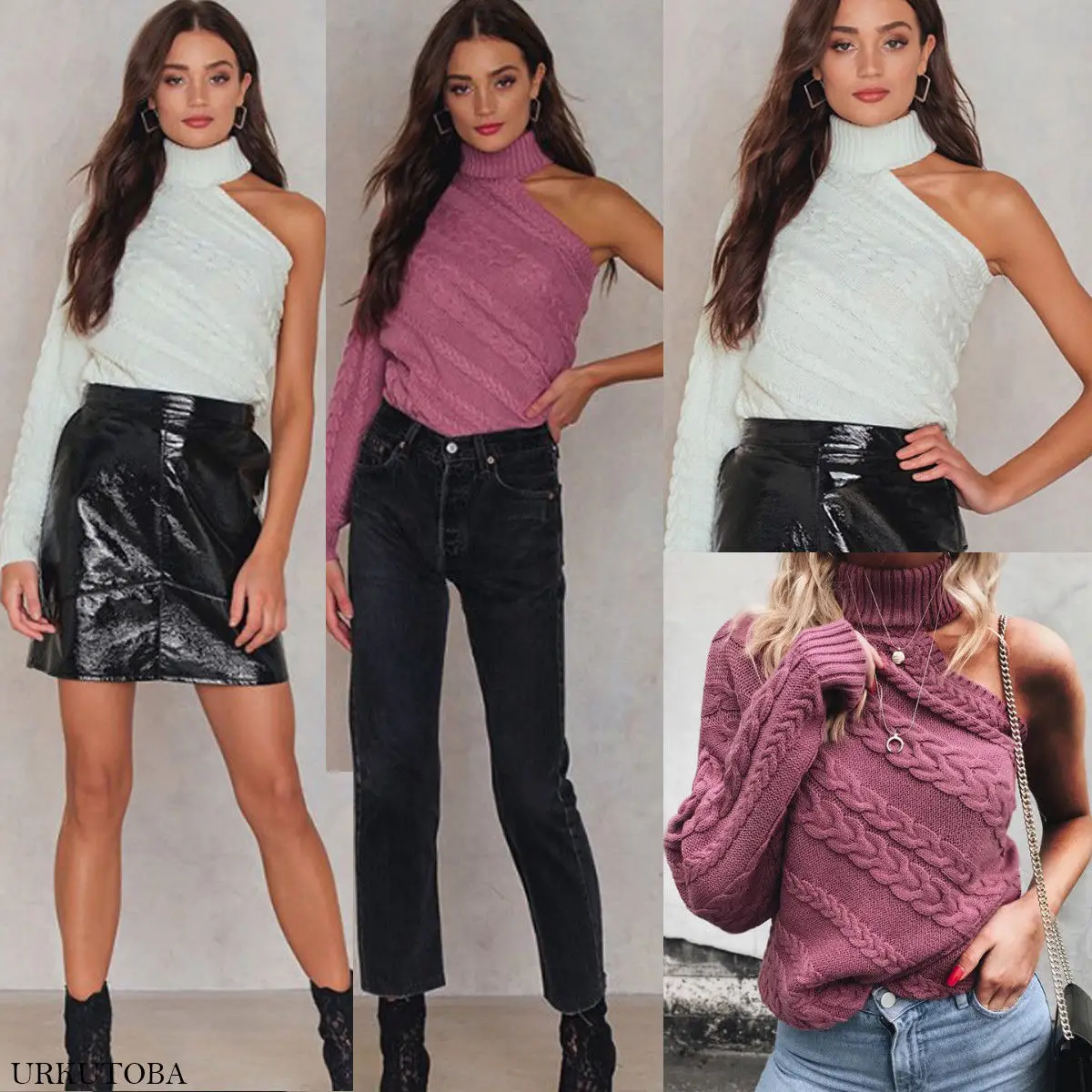 2019 Autumn Winter Fashion Women Sweaters Pullovers Long Sleeve Turtleneck One Shoulder Sweater Slim Solid Knitted Jumpers Tops | Женская