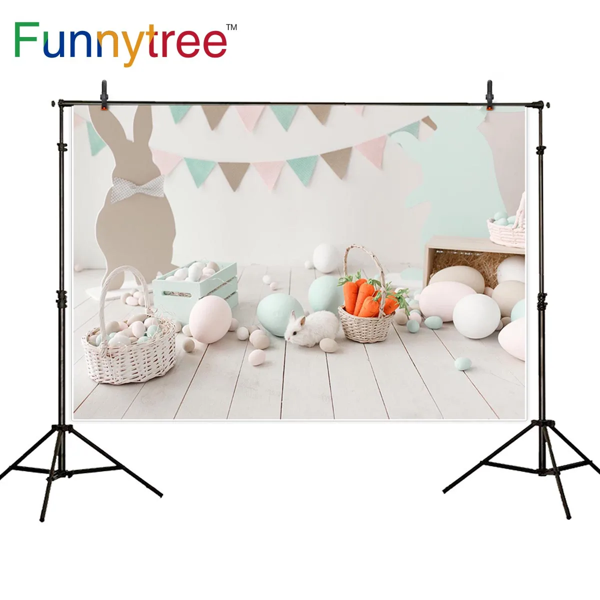 

Funnytree Easter photographic backdrop wood eggs rabbit flag carrot pastel photography background photozone photophone photocall