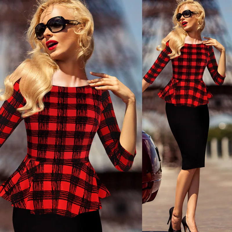 Womens Peplum Elegant Vintage font b Tartan b font Plaid Patchwork Contrast Tunic Wear to Work