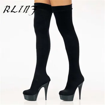 

RLINF 15cm with High Platform High Heel Long Tube Sexy Stretch Lycra Cloth Socks Over The Knee Boots Shoes