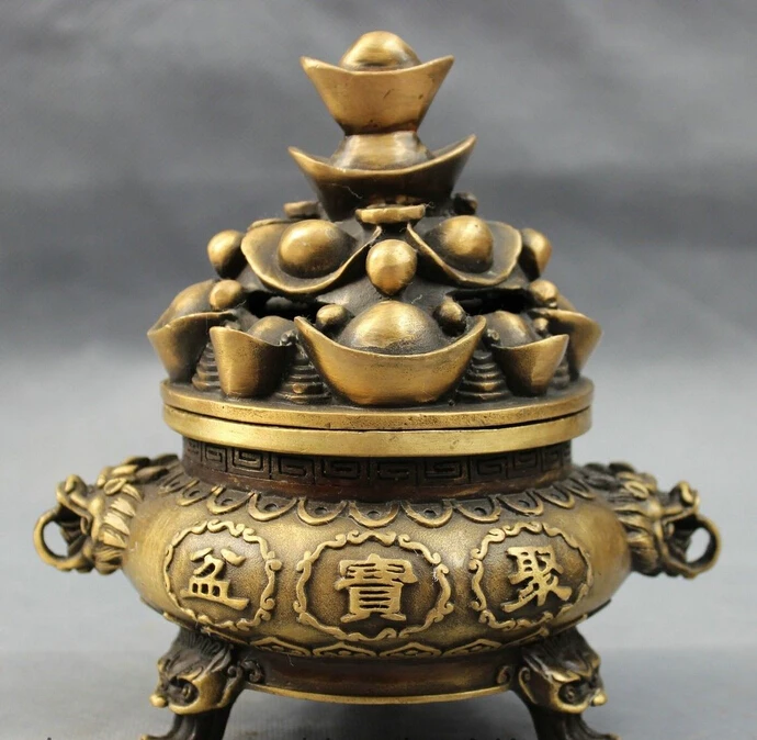 

Chinese Bronze Buddhism FengShui Dragon Statue YuanBao Incense Burner Censer