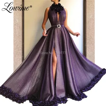 

Dark Purple Special Design High Slit Party Dress Red Carpet Gown 2019 Celebrity Prom Dresses With Handmade Flowers Evening Dress