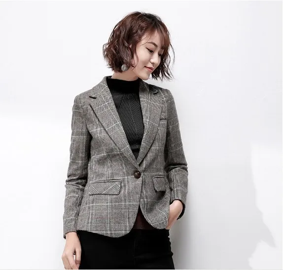 

England Checked Suit Jacket Suit Blazer Jackets Woman Collar Office Lady with Buttons Long Sleeve S-XL Autumn 2019 New Arrival