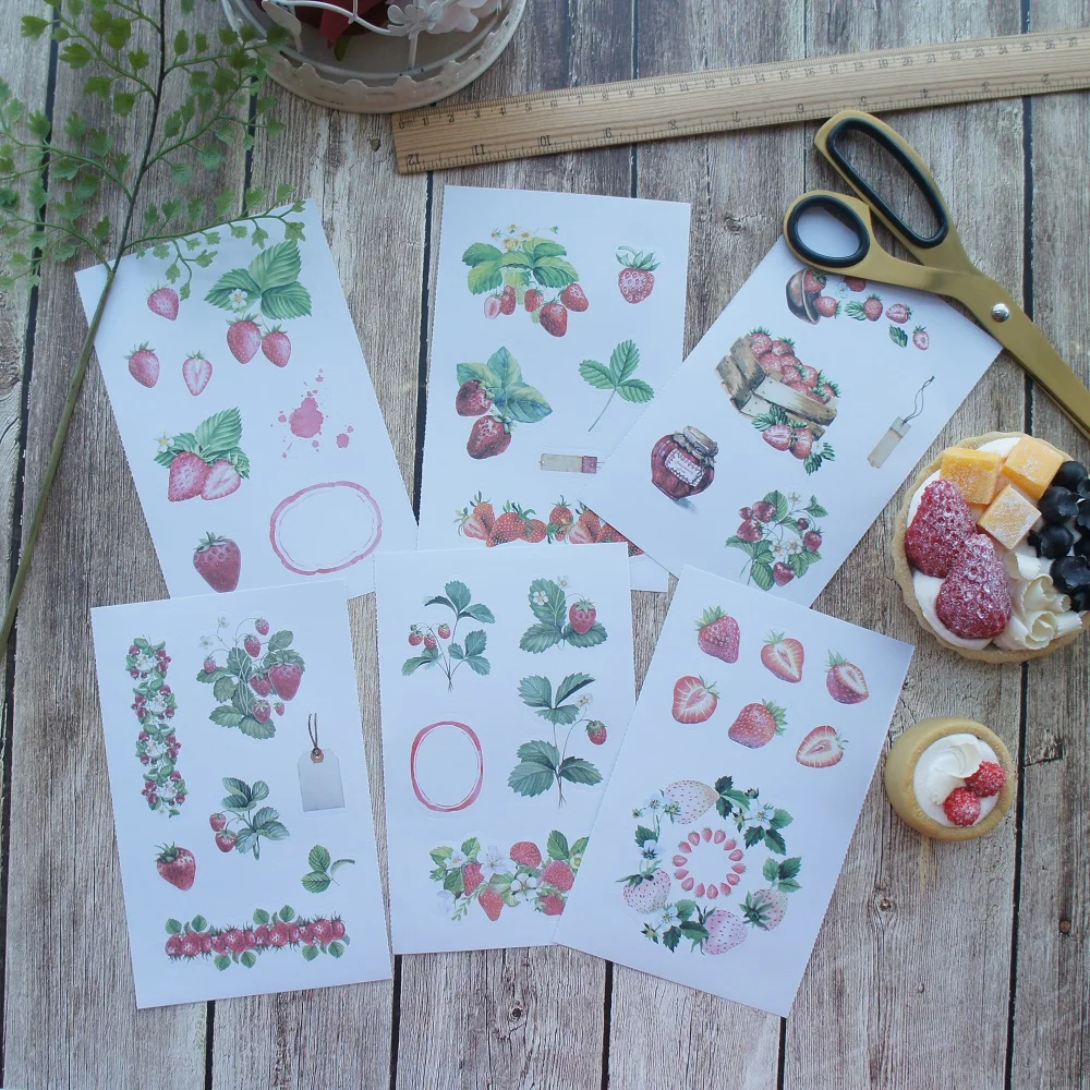 

6 Sheets Strawberry Manor Retro Design Paper Sticker As Scrapbooking DIY Gift Packing Decoration Tag
