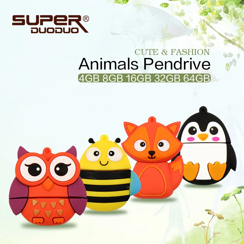 

New arrival USB2.0 Memory stick cute Owl/Bee/Fox/Penguim Usb Flash Drive 4gb 8gb 16gb flash usb stick 32gb 64gb pendrive U Disk