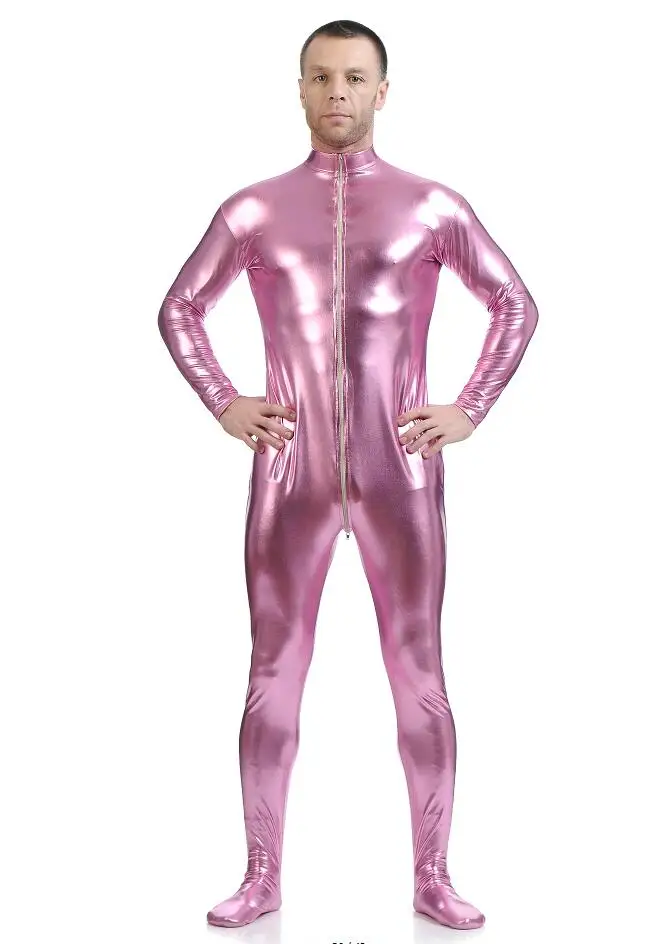 Cosplay&ware Ensnovo Men Latex Suit Black Shiny Metallic Tights Gold Zentai Full Body Unitard Custom Skin Bodysuit Zipper Front -Zentai shop online