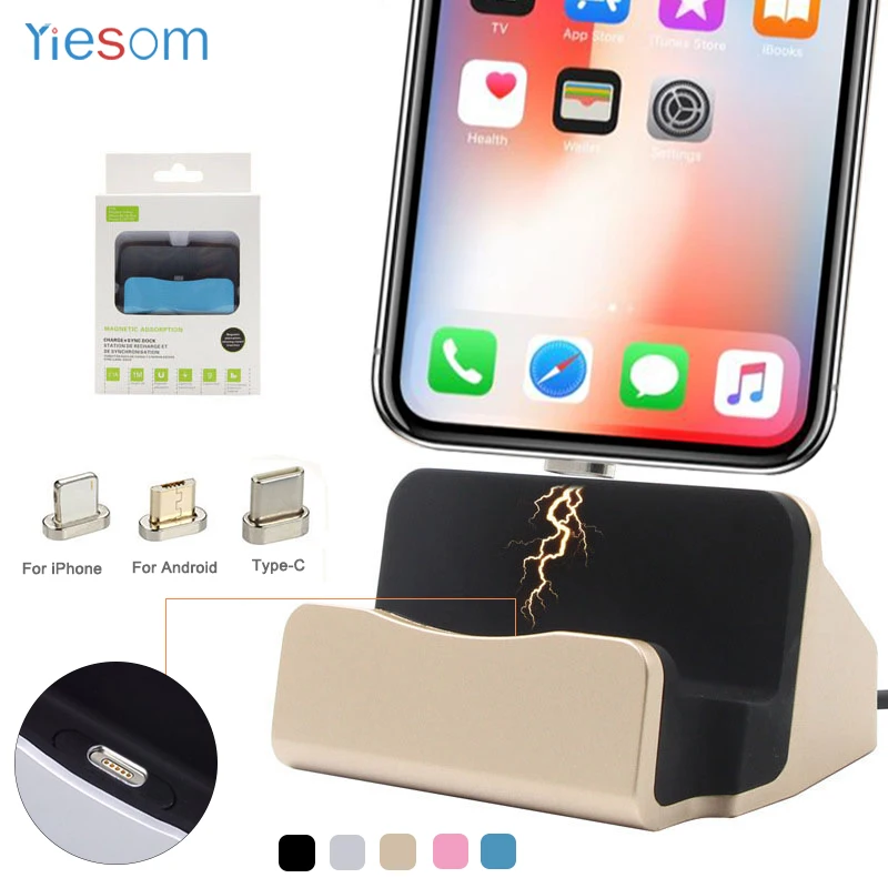 

YIESOM USB C Micro Magnet Charging Dock Station Desktop Magnetic Charger USB Sync Data Stand For iPhone X XR XS Max 8 7 6S Plus