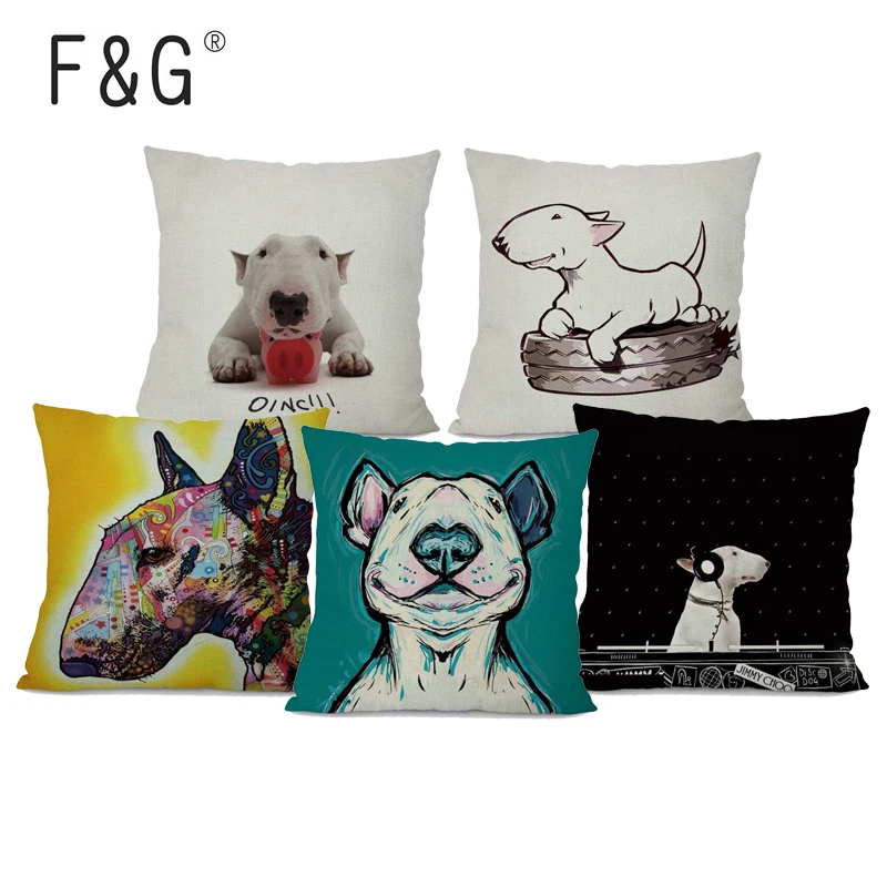 

Bull Terrier Cute Dog Printed Pillowcase Cushion Cover Living Room Throw Cushion Case 44x44cm Cotton Linen Sofa Decor