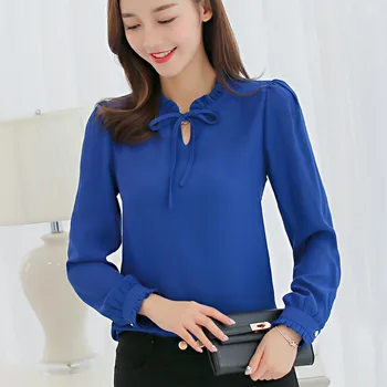 

Hot Top Women Blouses Spring Summer Blouse Office Ladies Long Sleeve Shirts Leisure Chiffon Shirt Blue Pink White Slim Tops Bow