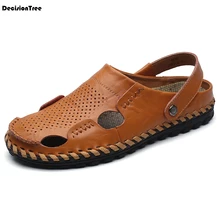 Модные мужские однотонные кожаные сандалии на плоской подошве; дышащая Летняя мужская пляжная обувь; повседневные удобные шлепанцы с перфорацией; Z161