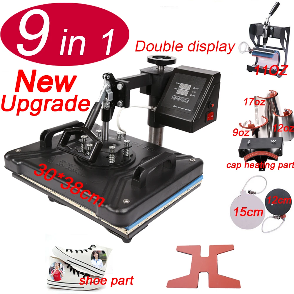 

New 9 in 1 Combo Sublimation Heat Press Machine For Custom Cap/ Mug/ Plate/ bottle/ T-shirts/Shoes/Rock Heat Press Printer