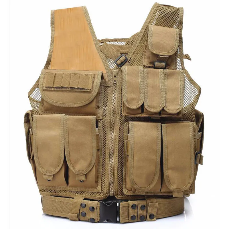

Hunting CS Combat Vest with Belt Tan Military Army Hiking Outdoor Protective Airsoft Camouflage Molle Training Breathable Vests