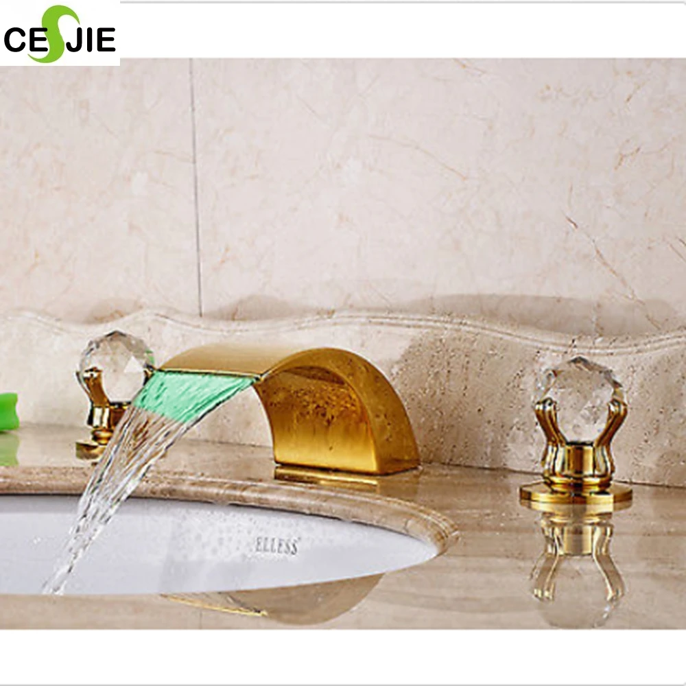 

LED Golden Bathroom Tub Faucet Dual Crystal Handles Deck Mount Mixer Tap Faucet
