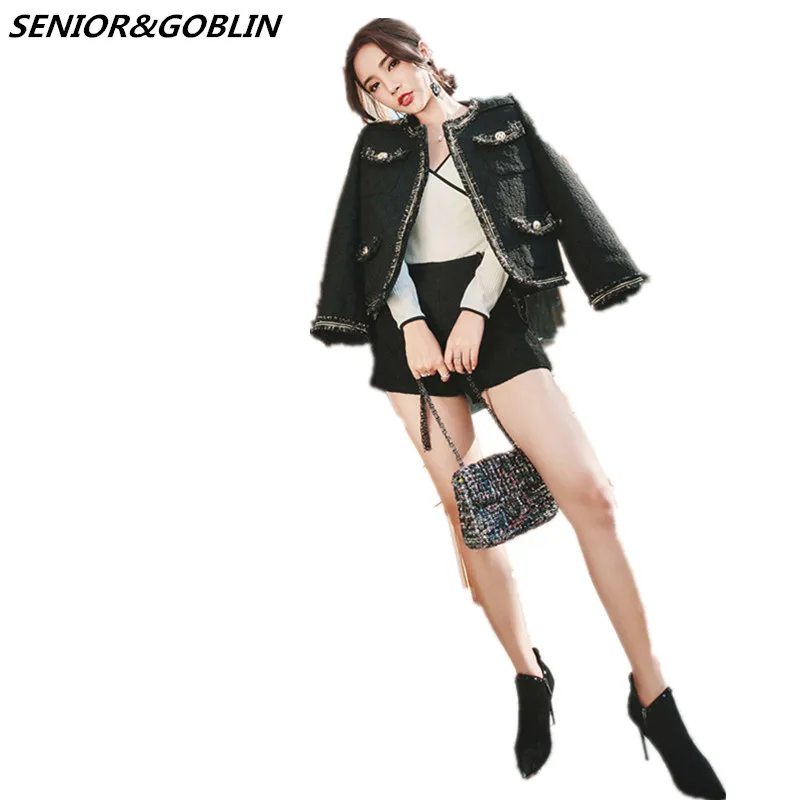 

2019 High quality Newest Black Tweed Women 2 Piece Pant Pet Spring Designer Women Hidden Breasted Jacket Coat + Short Pants Suit