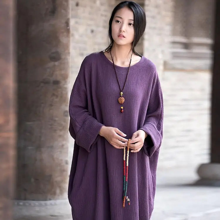 Women Spring New Cotton Linen Solid Loose Dress Robes Ladies Round Neck Plus Size Dress Gown