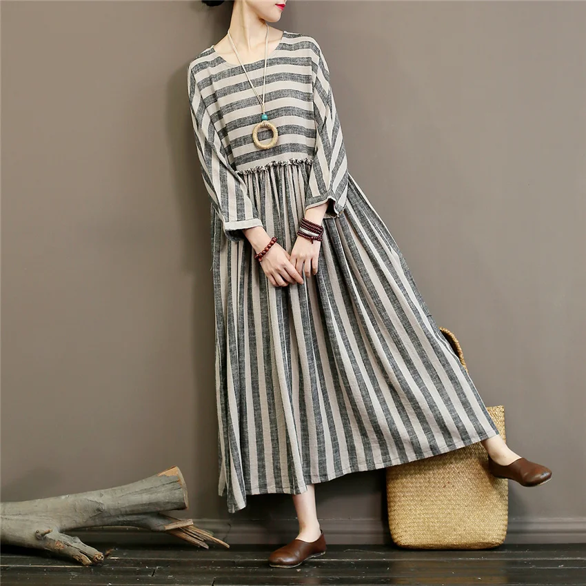 

Women Striped Robe Cotton Linen Robes High Waist Robe Fall New O-Neck Bat Sleeve Loose High Quality Women Robe