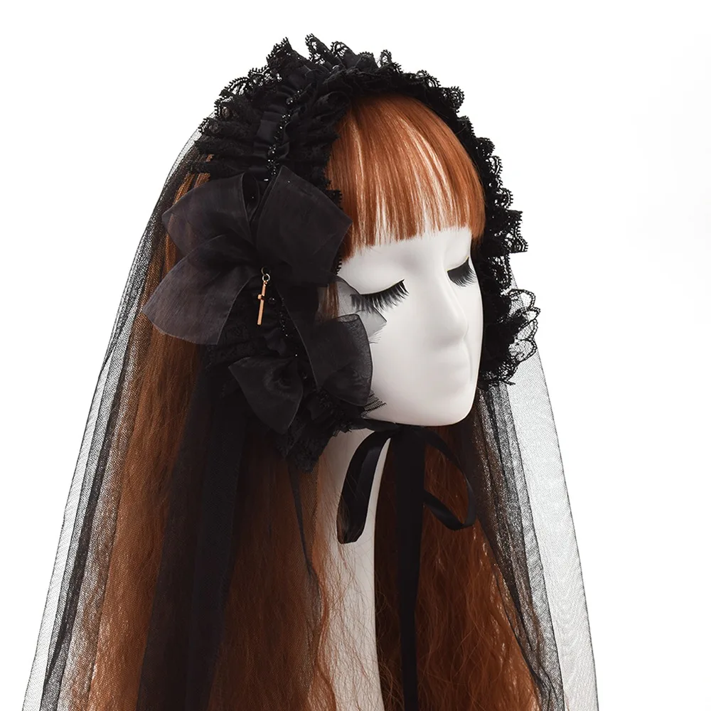 

Black Veil Women Lolita Lace Cross Bow Tie Gothic Headband