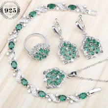 Женские Зеленые циркониевые 925 пробы серебряные Свадебные Ювелирные наборы серьги с камнями кулон и ожерелье Кольца Браслеты Набор подарочная коробка