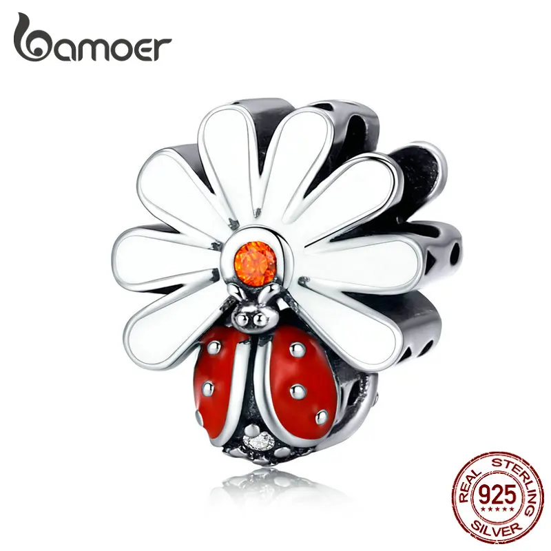 

bamoer Ladybug with Daisy Flower Beads for Women 925 Sterling Silver Enamel Charm fit Original Bracelet DIY Jewelry SCC1276