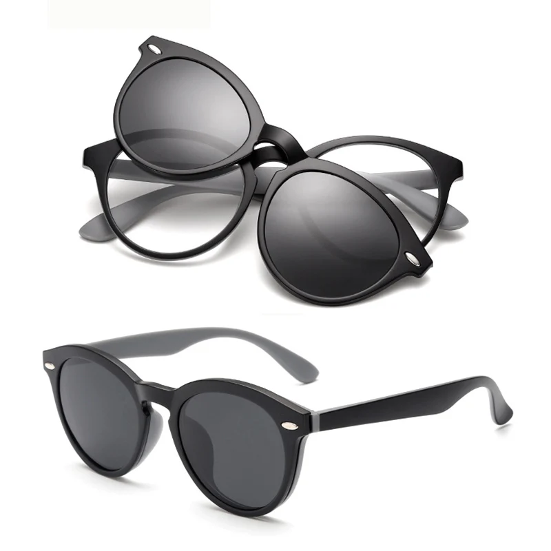 Ретро круглые магнитные поляризованные солнцезащитные очки для вождения Rx оправы для очков для женщин и мужчин - Цвет линз: black