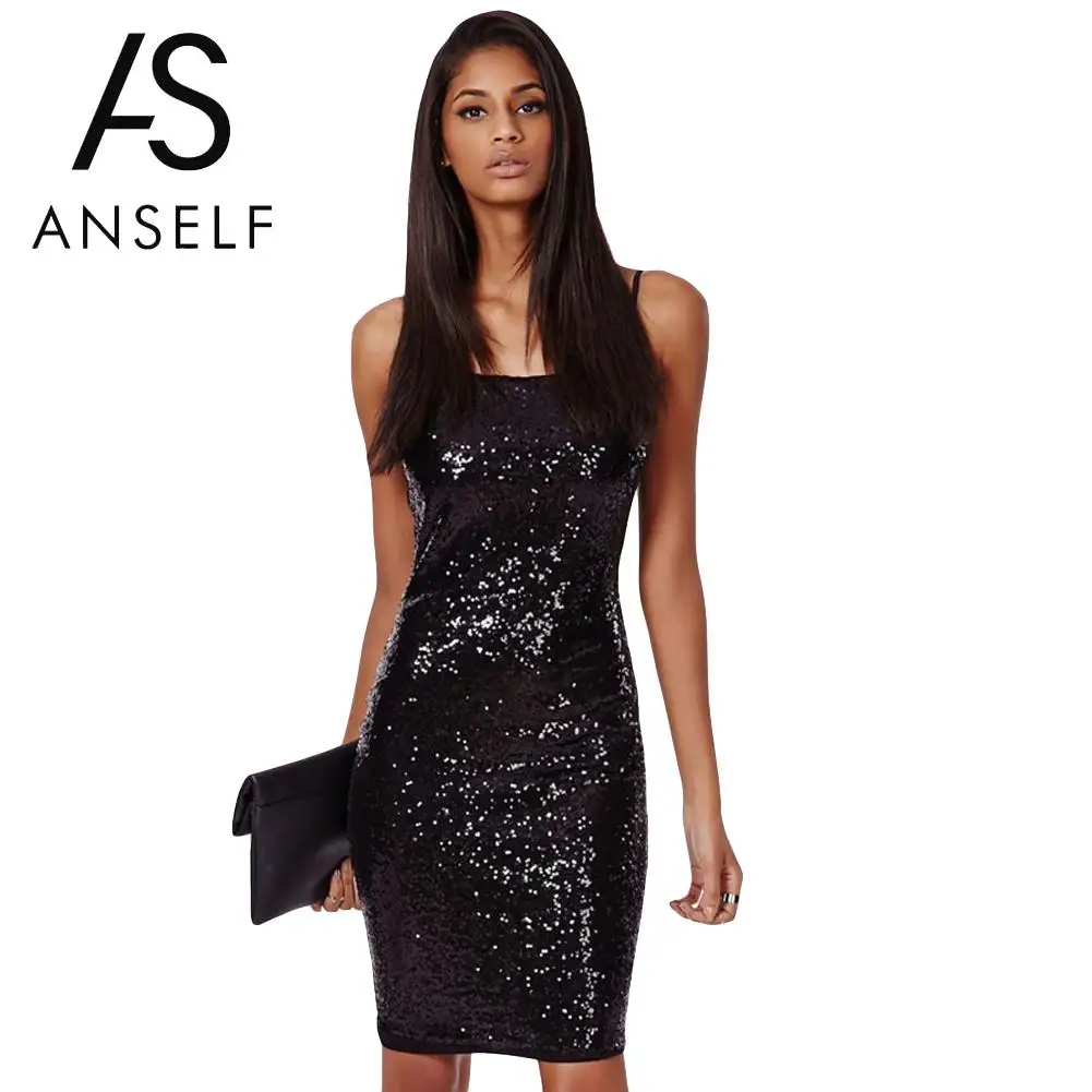 

Anself Sexy Women Bodycon Dress Spaghetti Strap Dress With Sequins Backless Sleeveless Night Club Party Sparkling Dresses Black