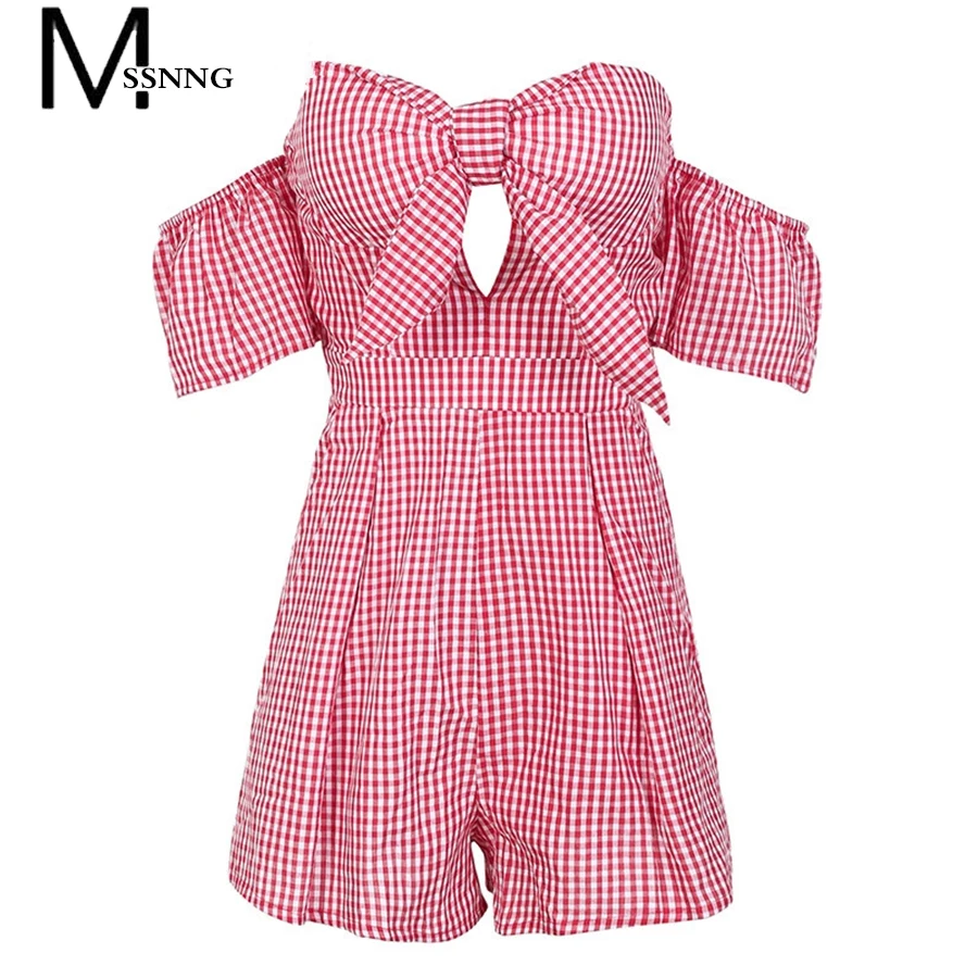 2018 Summer Off shoulder plaid jumpsuit romper women Sexy backless bow high waist playsuit female beach short overalls