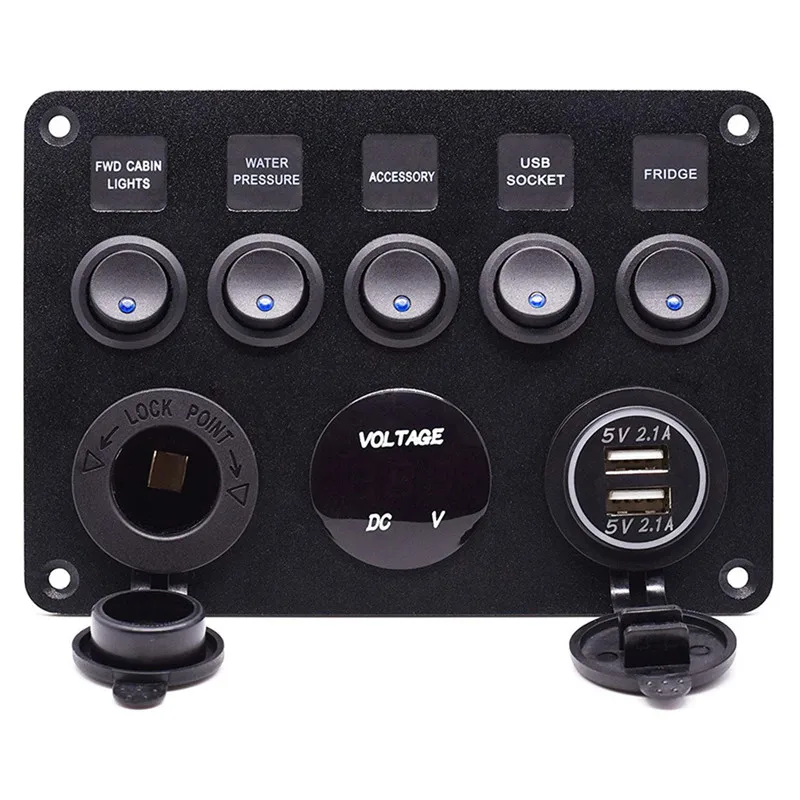 

Dual USB Socket Charger 2.1A + LED Voltmeter + 12V Power Socket +5 Gang Multifunction Switch