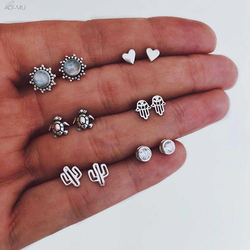 

AOMU 6 pair/Set Mini Simple Metal Tortoise Heart Hollow Cactus Hands Small Stud Earring For Women Girl Party Accessories Jewelry
