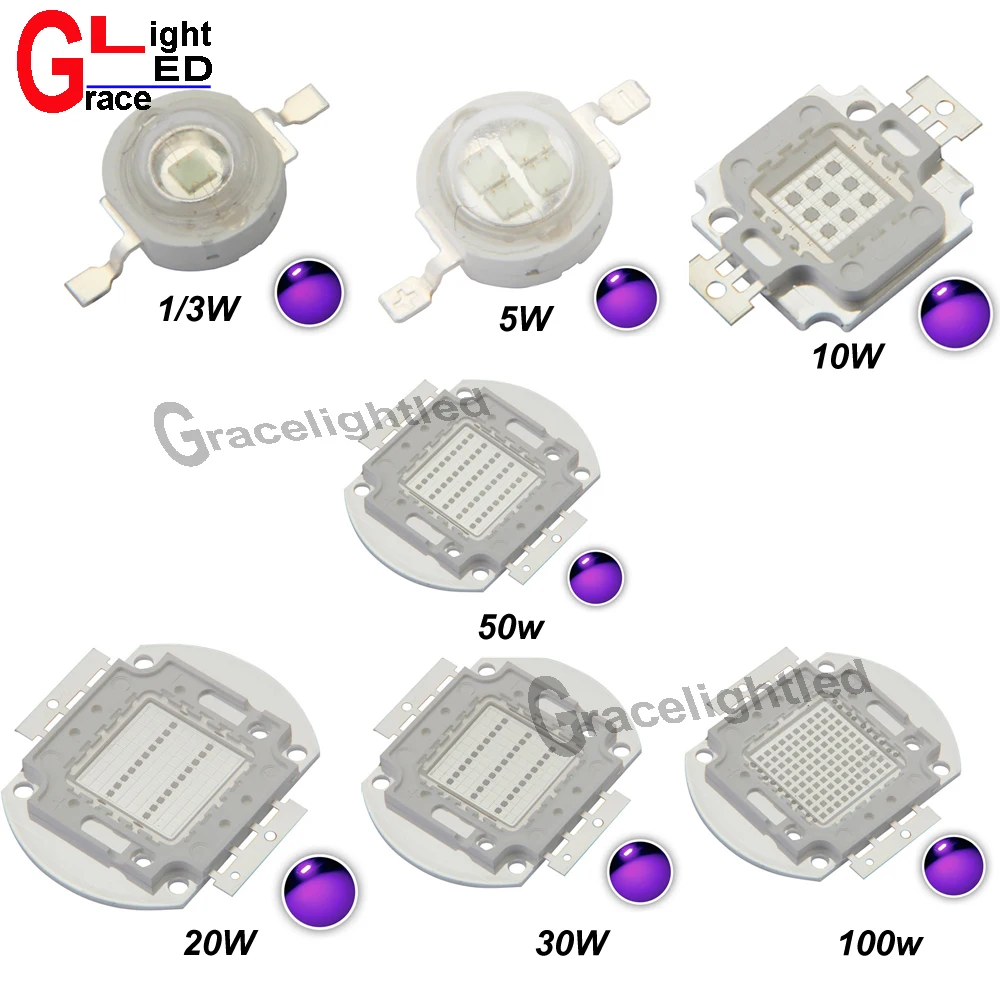 УФ Фиолетовый светодио дный интегральных микросхем 365Nm 375Nm 385Nm 395Nm 405Nm 420nm высокое Мощность удара ультрафиолетовых лучей 3/5/10/20/30/50/100 Вт