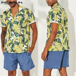 INCERUN Летняя мужская рубашка с v-образным вырезом, с короткими рукавами, с принтом тотема, в национальном стиле, Модные свободные футболки в