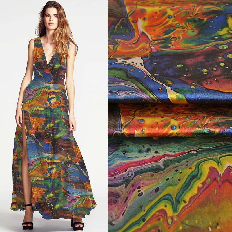 

114CM Wide 19MM Colorful Rock Print Stretch Silk Satin Fabric Good for Summer Dress Skirt Shirt Pants JH189