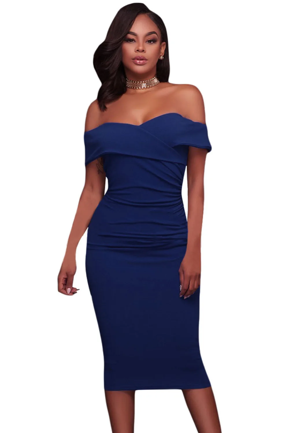 Royal Blue Ruched Off Shoulder Bodycon Midi Dress 2017 Modest Pleated
