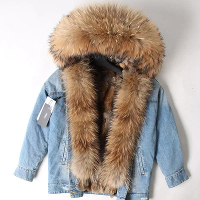 

Brand 2019 Winter Jacket Women Real Fur Coat Natural Fox Fur Collar Hooded Rabbit Liner Short Parka Bomber Denim Jacket Vintage