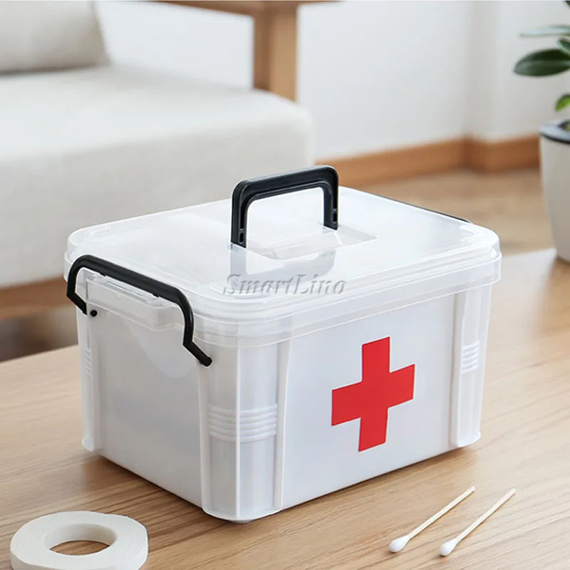 

2 layers plastic first aid kit emergency medicine case medicine drug bottle storage container organizer with portable handle
