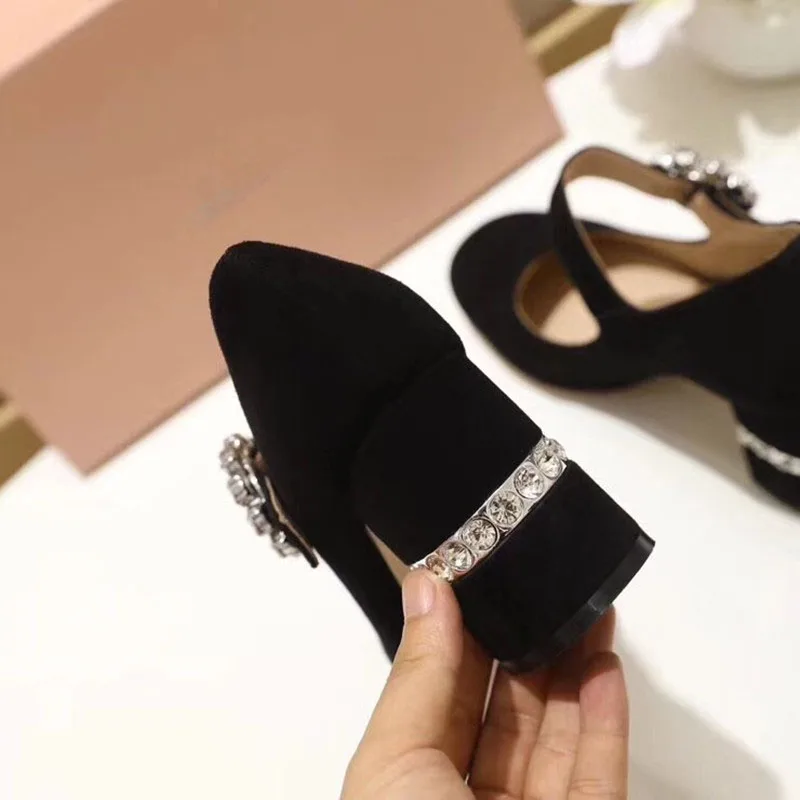 Толстом каблуке Стразы(8 см) в стиле «Мэри Джейн» из лакированной кожи Обувь на высоком каблуке ремень черный Роскошные женские туфли-лодочки розовым алмазом обувь с украшением в виде кристаллов, с квадратным носком
