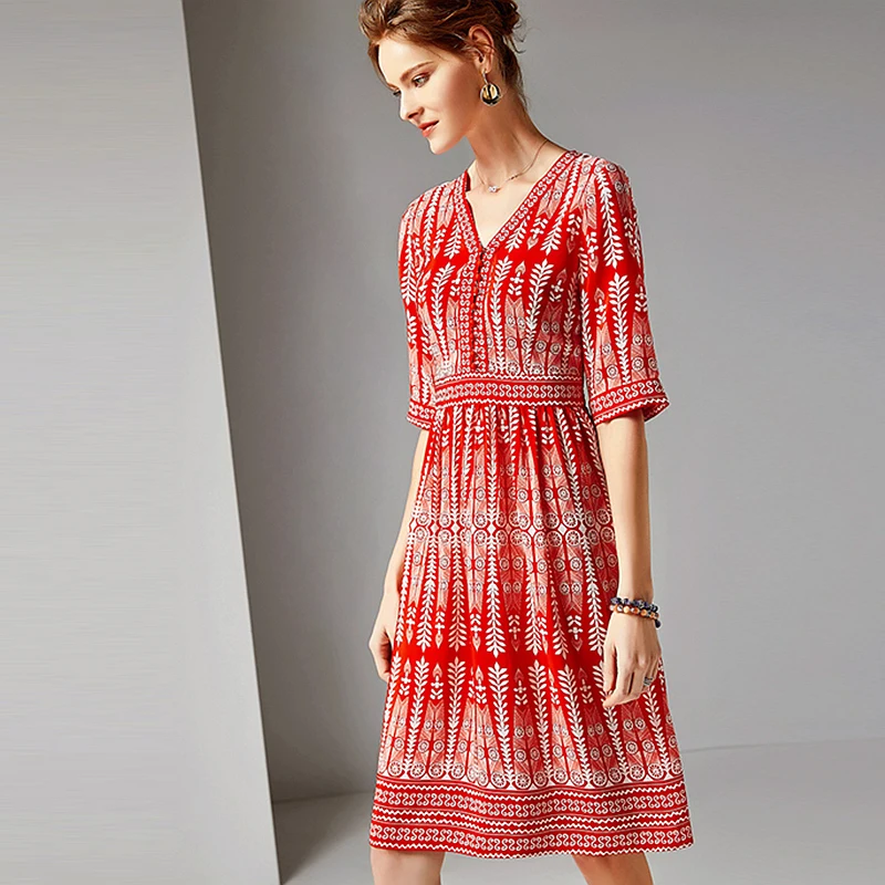 

Dress Women 100% Silk Fabric Printed V Neck Half Sleeves High Waist Casual Style Dress New Fashion Spring 2019