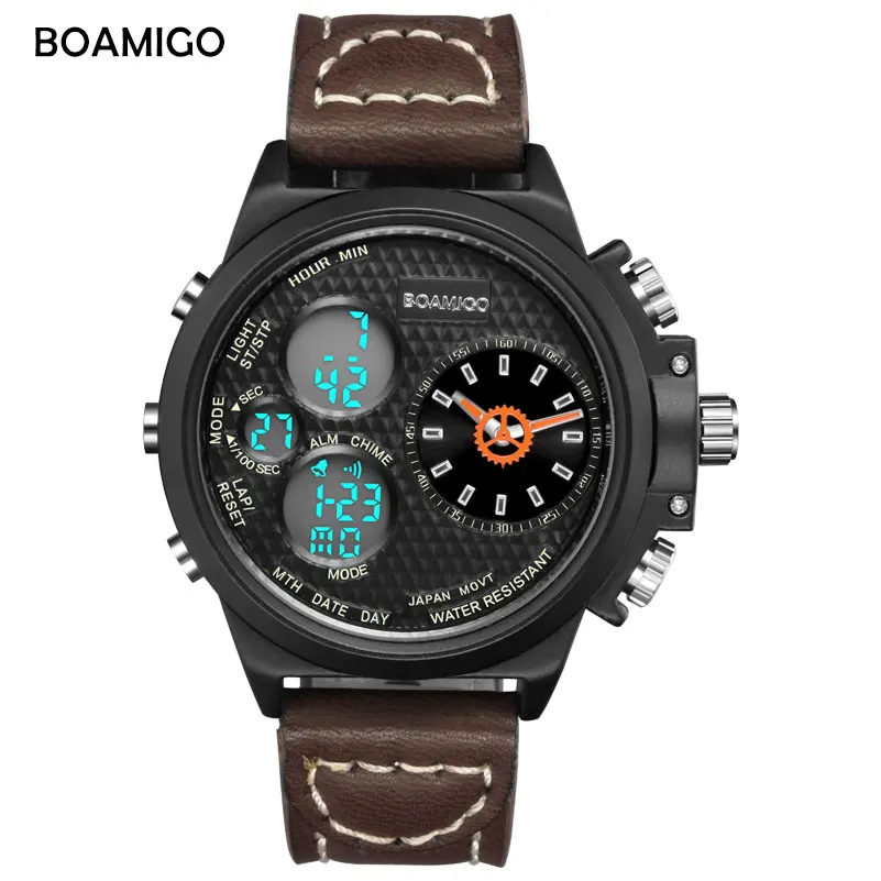 

BOAMIGO Brand Men Quartz Watches Army Sport Brown Leather Watches Digital Water Resistant Gift Wristwatches Relogio Masculino