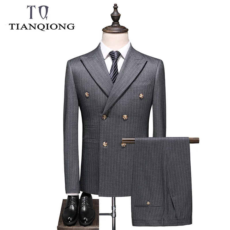 Double Breasted Striped Suit Gary Wedding Suits for Men 3 Pieces Terno Masculino Slim Fit Costume Homme Mariage Business Wear
