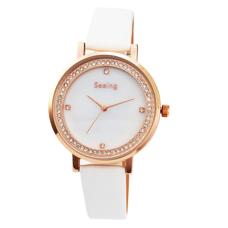 

Mother of Pearl MOP dial charm lady watch genuine leather strap