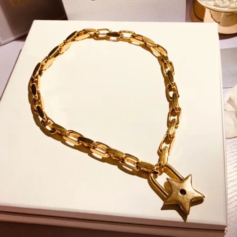 

Hot Brand Fashion Jewelry For Women Gold Color Thick Chain Neckalce Gold Color Star Lock Necklace Cute Pendants