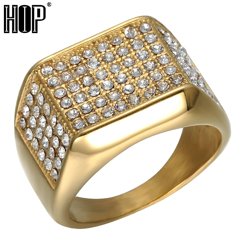 

HIP Hop Micro Pave Rhinestone Iced Out Bling Geometric Ring IP Gold Filled Titanium Stainless Steel Rings for Men Jewelry