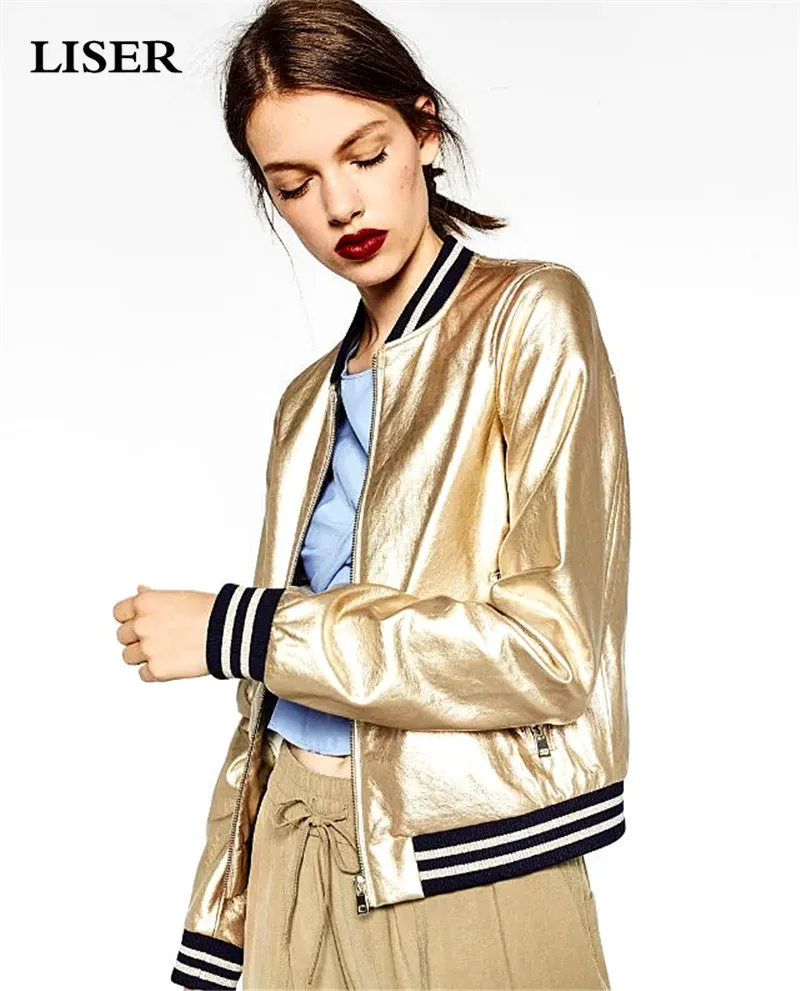 

LISER 2019 Spring Bomber Jacket Women Streetwear Metal Metallic Textured Golden Silver Bright PU Faux Leather Baseball Jacket